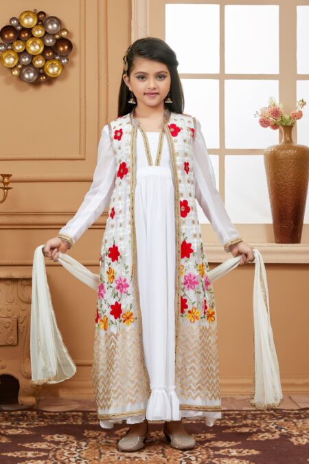 Off White Georgette Net Embroidered Jacket Gown