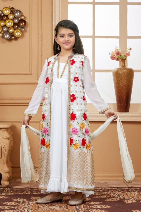 Off White Georgette Net Embroidered Jacket Gown - Image 2