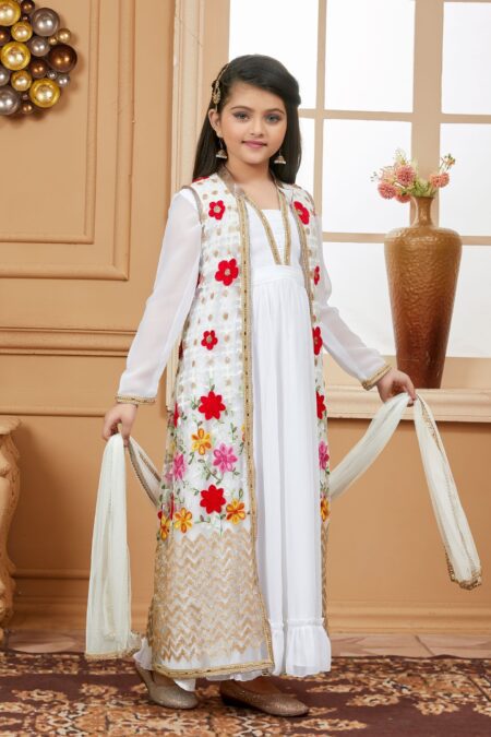 Off White Georgette Net Embroidered Jacket Gown - Image 3