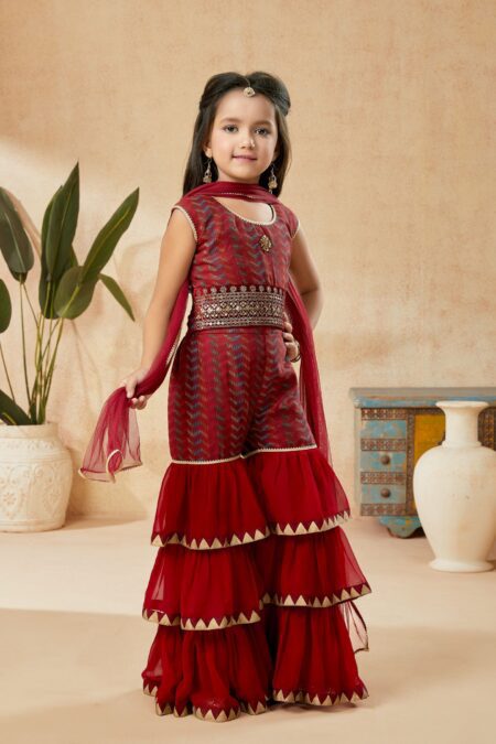 Maroon Embroidered Banarasi_Silk Straight Kids Salwar Suits