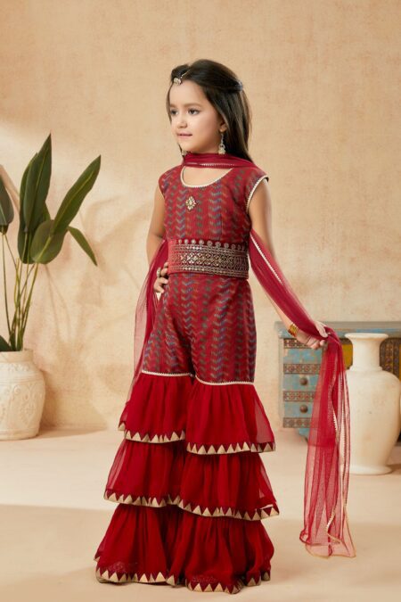 Maroon Embroidered Banarasi_Silk Straight Kids Salwar Suits - Image 3