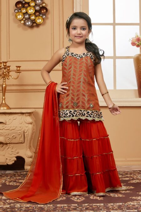 Orange Embroidered Brocade Straight Kids Salwar Suits - Image 2