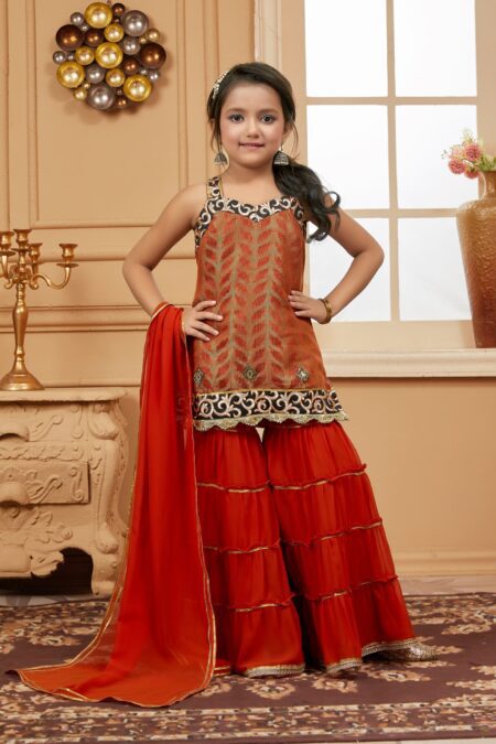 Orange Embroidered Brocade Straight Kids Salwar Suits