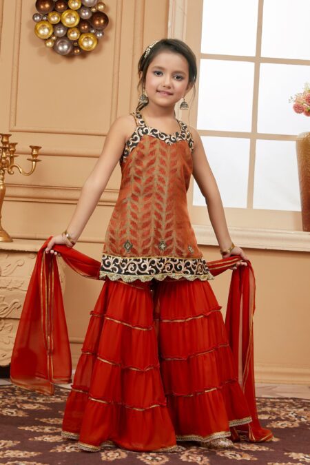 Orange Embroidered Brocade Straight Kids Salwar Suits - Image 3