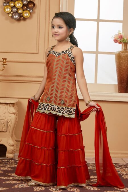 Orange Embroidered Brocade Straight Kids Salwar Suits - Image 4