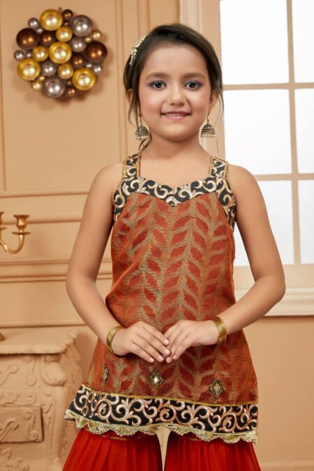 Orange Embroidered Brocade Straight Kids Salwar Suits - Image 6