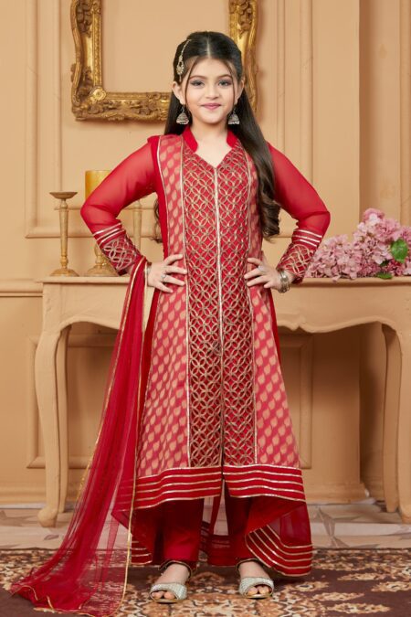 Red Embroidered Faux Georgette A Line Kids Salwar Suits
