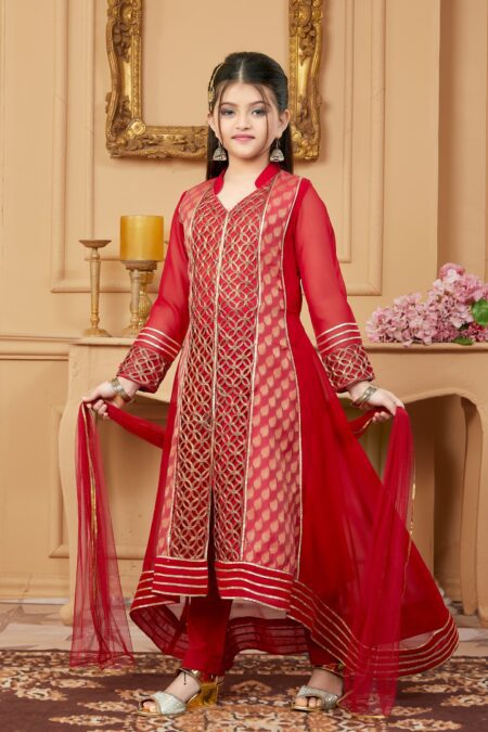 Red Embroidered Faux Georgette A Line Kids Salwar Suits - Image 2