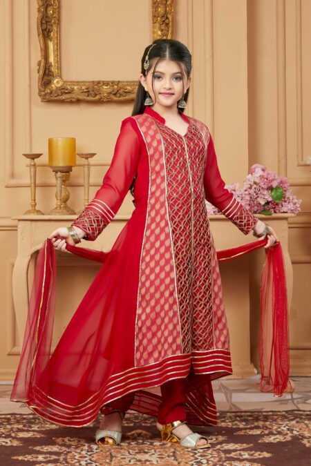 Red Embroidered Faux Georgette A Line Kids Salwar Suits - Image 3