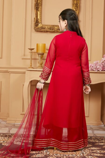 Red Embroidered Faux Georgette A Line Kids Salwar Suits - Image 4