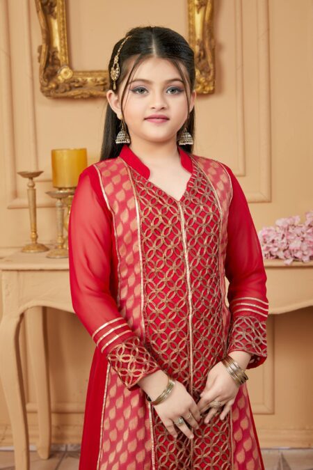 Red Embroidered Faux Georgette A Line Kids Salwar Suits - Image 5