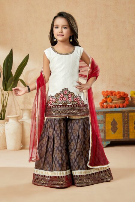 White Embroidered Art Silk Straight Kids Salwar Suits