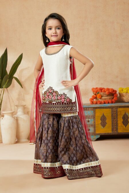 White Embroidered Art Silk Straight Kids Salwar Suits - Image 2