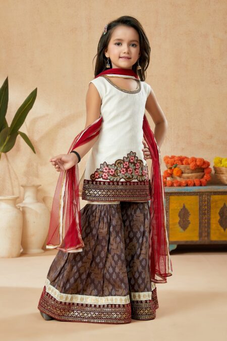 White Embroidered Art Silk Straight Kids Salwar Suits - Image 3