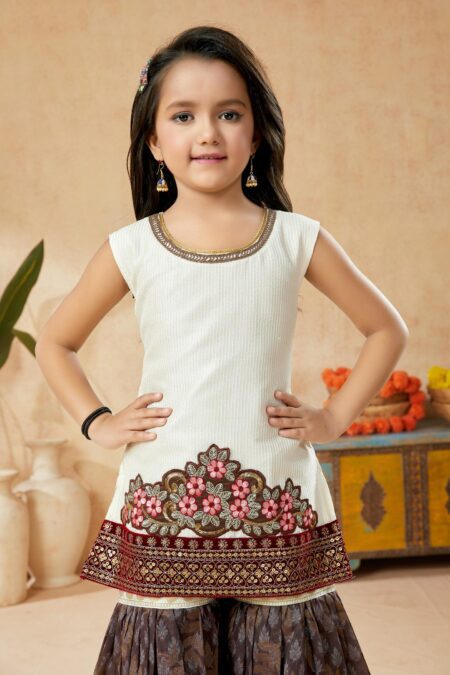 White Embroidered Art Silk Straight Kids Salwar Suits - Image 5