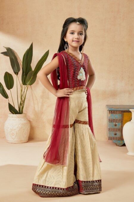 Maroon Embroidered Banarasi Silk Straight Kids Salwar Suits - Image 3