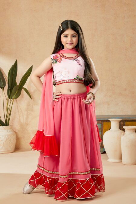 Pink Printed Satin A Line Lehenga Choli Dupatta