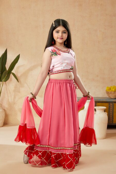 Pink Printed Satin A Line Lehenga Choli Dupatta - Image 3