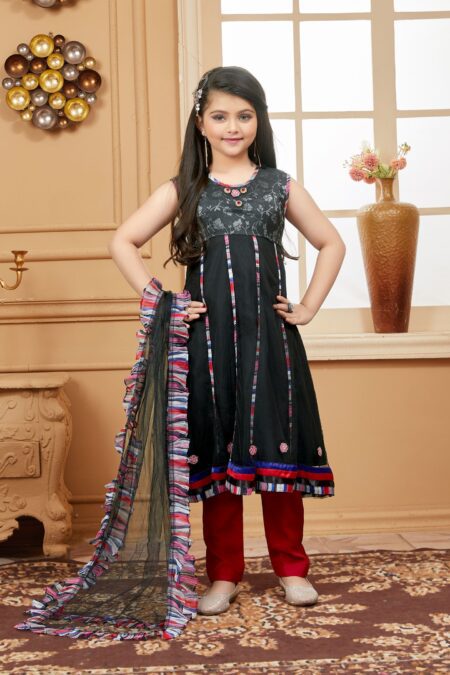 Black Embroidered Net A Line Kids Salwar Suits - Image 5