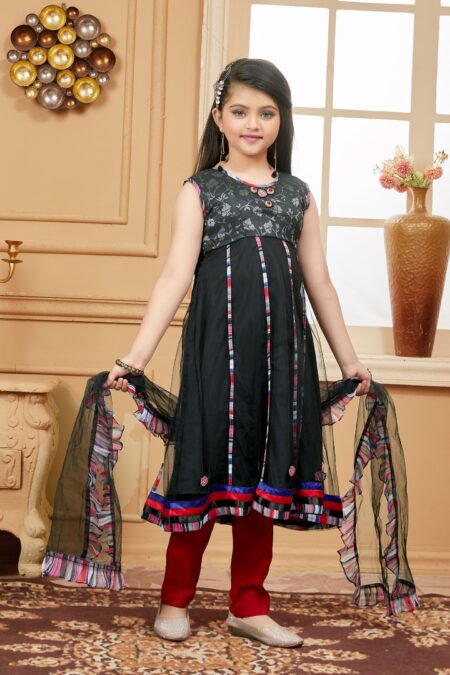 Black Embroidered Net A Line Kids Salwar Suits - Image 3
