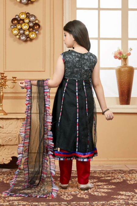 Black Embroidered Net A Line Kids Salwar Suits - Image 6