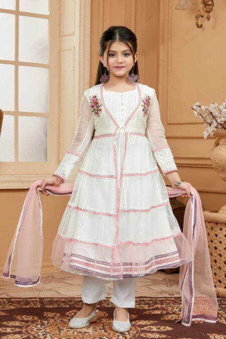 White Embroidered Net A Line Kids Salwar Suits