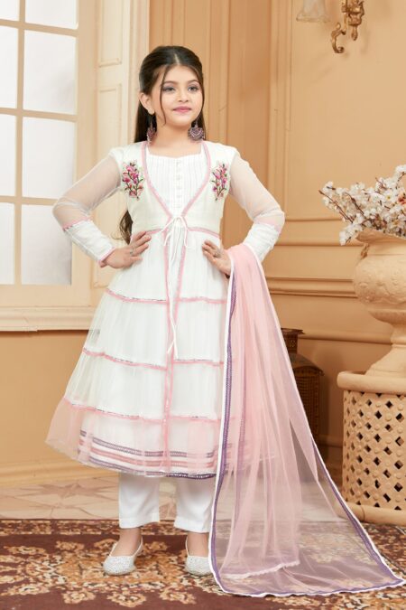 White Embroidered Net A Line Kids Salwar Suits - Image 2