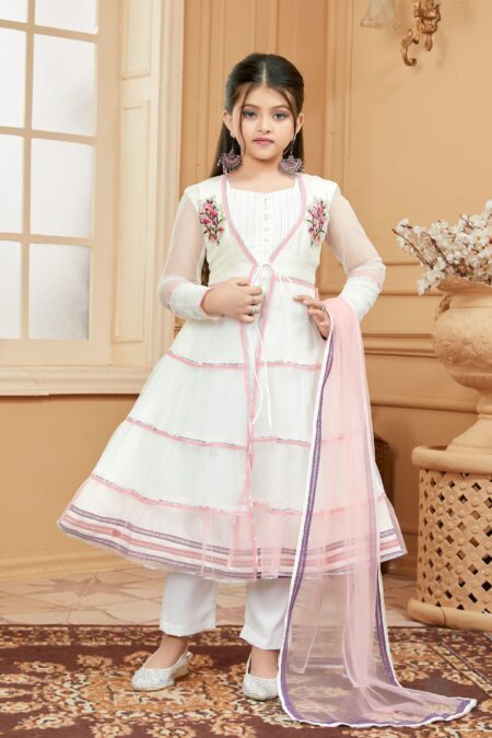 White Embroidered Net A Line Kids Salwar Suits - Image 3