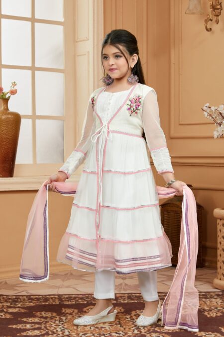 White Embroidered Net A Line Kids Salwar Suits - Image 4