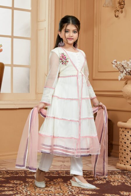 White Embroidered Net A Line Kids Salwar Suits - Image 5