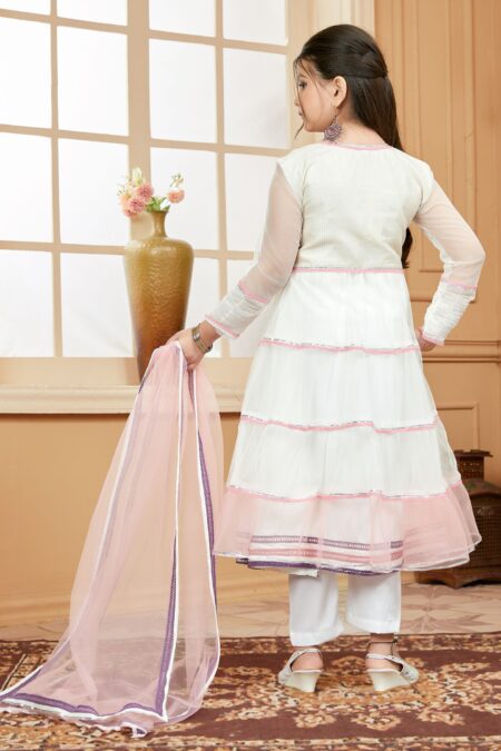 White Embroidered Net A Line Kids Salwar Suits - Image 6