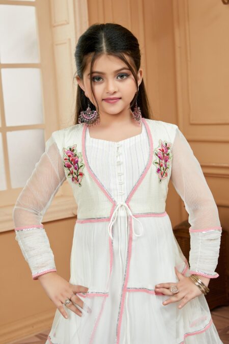 White Embroidered Net A Line Kids Salwar Suits - Image 7