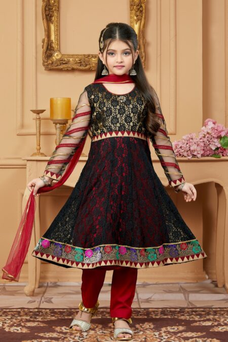 Black Embroidered Net A Line Kids Salwar Suits - Image 4