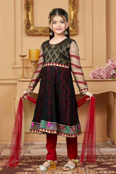 Black Embroidered Net A Line Kids Salwar Suits