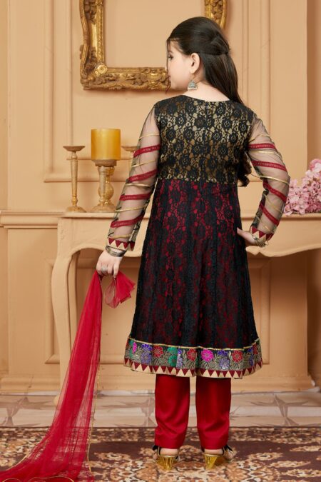 Black Embroidered Net A Line Kids Salwar Suits - Image 6