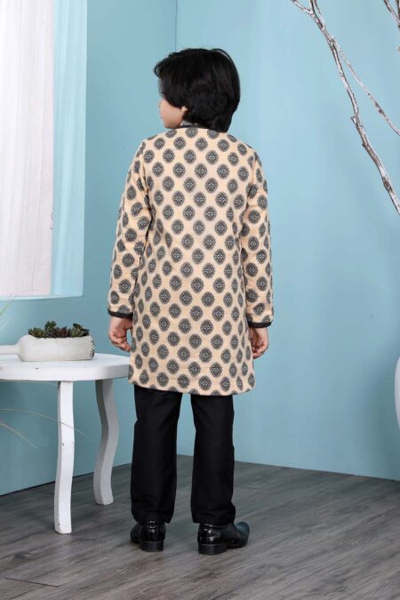 Beige Handloom Silk Straight Cut Kurta Trouser For Boys - Image 2