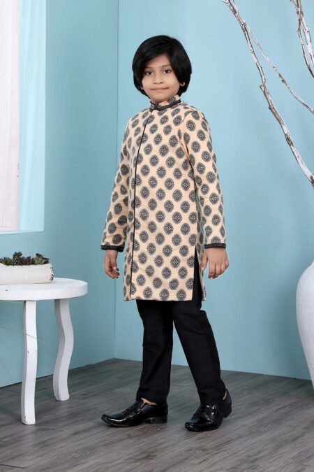Beige Handloom Silk Straight Cut Kurta Trouser For Boys - Image 3