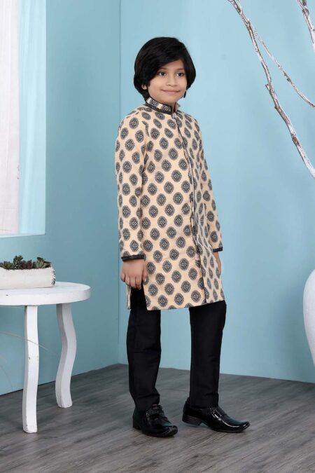 Beige Handloom Silk Straight Cut Kurta Trouser For Boys - Image 4