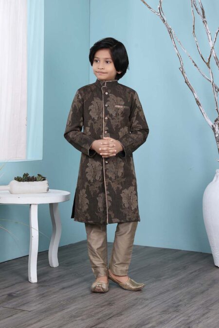 Brown Handloom Silk Straight Cut Kurta Trouser For Boys