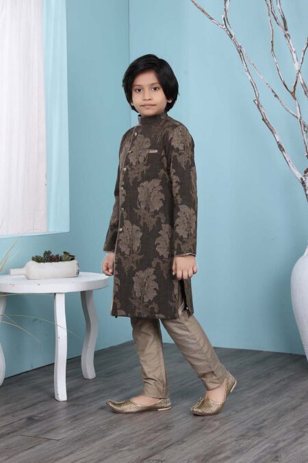 Brown Handloom Silk Straight Cut Kurta Trouser For Boys - Image 2