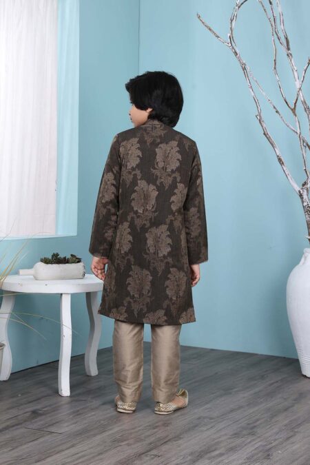 Brown Handloom Silk Straight Cut Kurta Trouser For Boys - Image 4