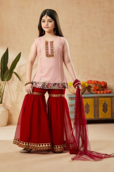 Peach Gold Net Embroidered Straight Sharara Kurta Dupatta