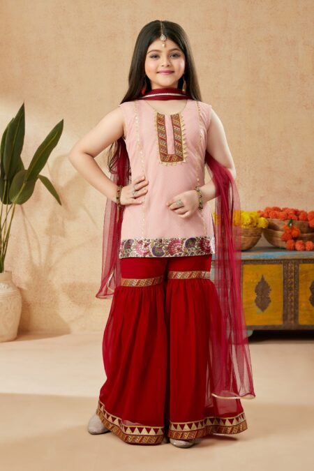 Peach Gold Net Embroidered Straight Sharara Kurta Dupatta - Image 2