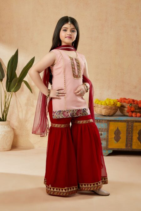 Peach Gold Net Embroidered Straight Sharara Kurta Dupatta - Image 3