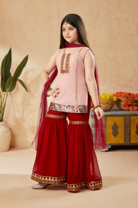 Peach Gold Net Embroidered Straight Sharara Kurta Dupatta - Image 4