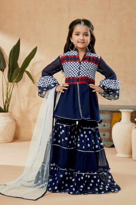 Navy Blue Printed  A Line Kurta Sharara Dupatta