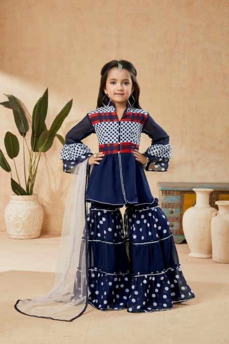 Navy Blue Printed  A Line Kurta Sharara Dupatta - Image 2