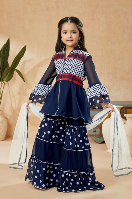 Navy Blue Printed  A Line Kurta Sharara Dupatta - Image 3