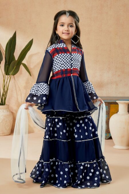 Navy Blue Printed  A Line Kurta Sharara Dupatta - Image 4