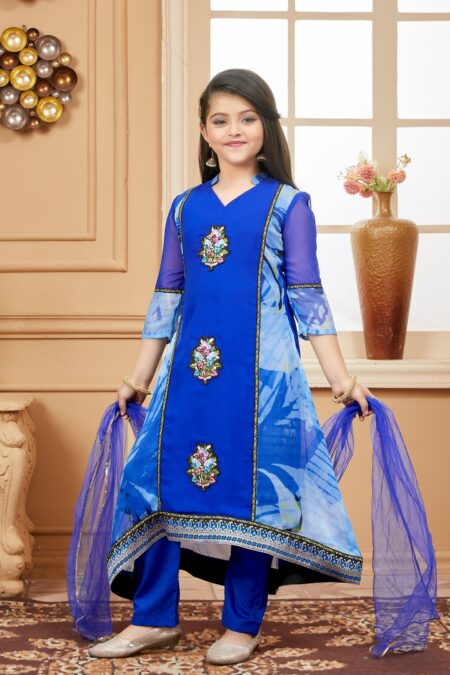 Navy Blue Printed  A Line Kurta Sharara Dupatta - Image 3